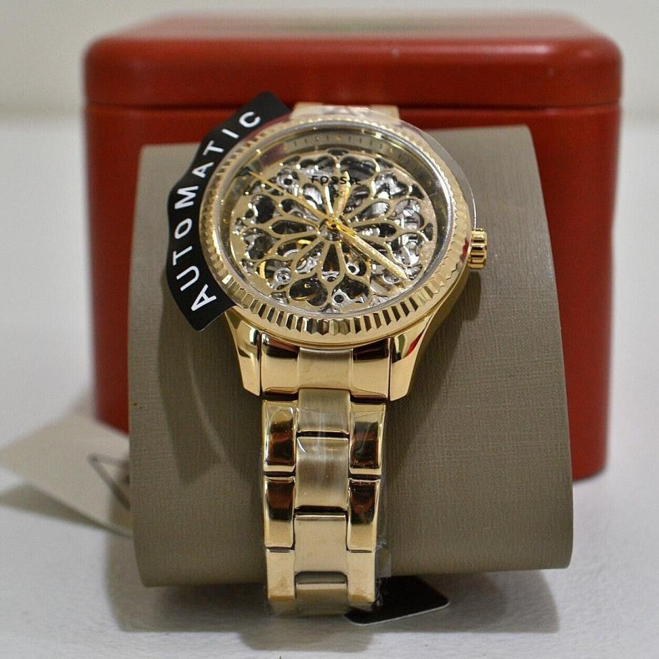 Fossil Rye Automatic Skeleton Gold Dial Gold Steel Strap Watch for Women - BQ3755