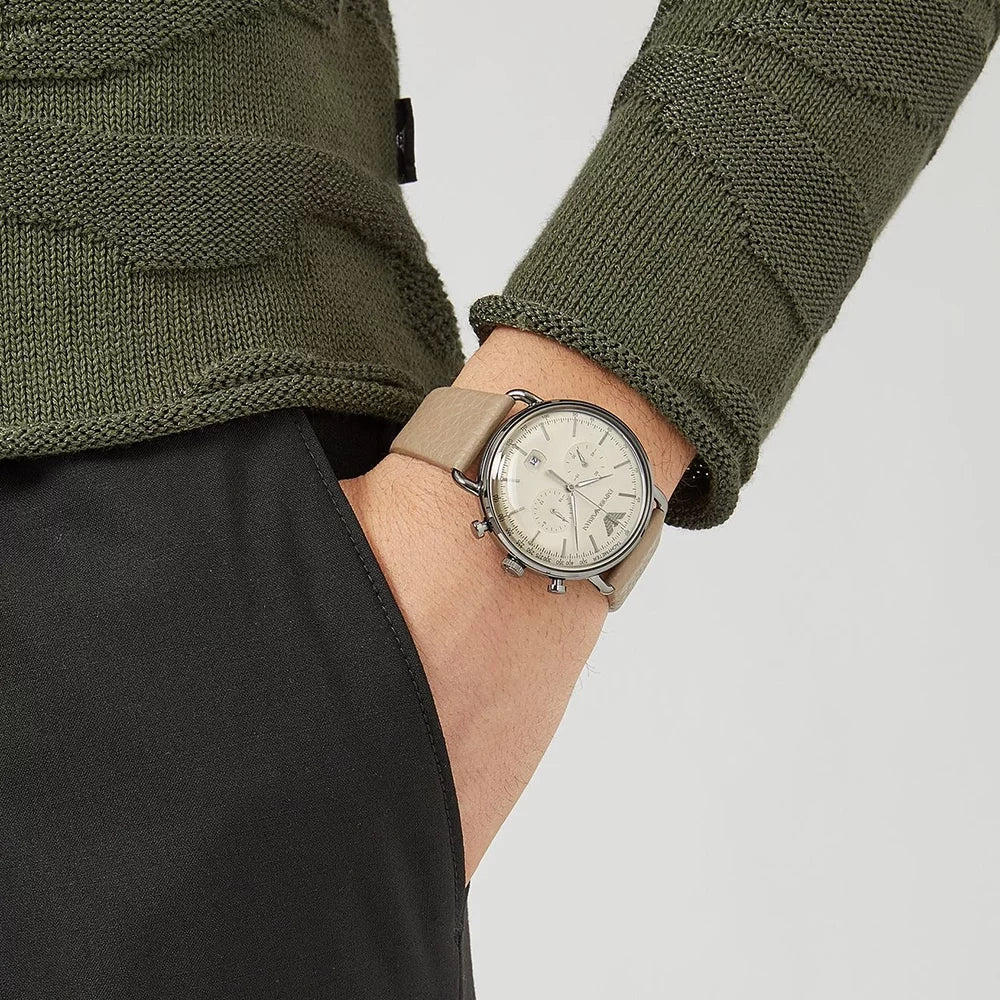 Shop Authentic Emporio Armani Aviator Chronograph Quartz Grey Dial Beige Leather Strap Watch For Men - AR11107 - Luxxuri