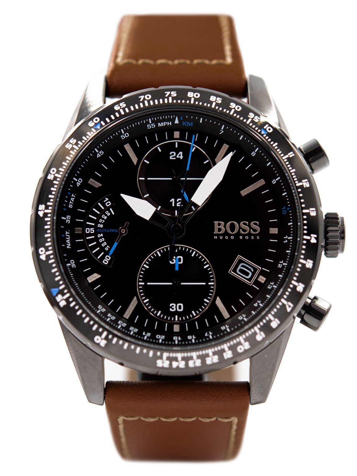 Hugo Boss Pilot Chronograph Black Dial Brown Leather Strap Watch for Men - 1513851