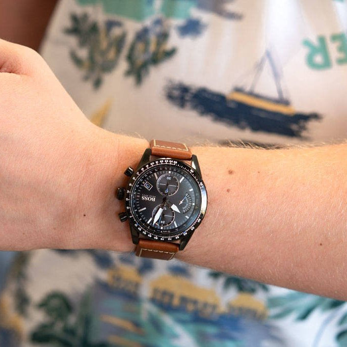 Hugo Boss Pilot Black Dial Brown Leather Strap Watch for Men - 1513851