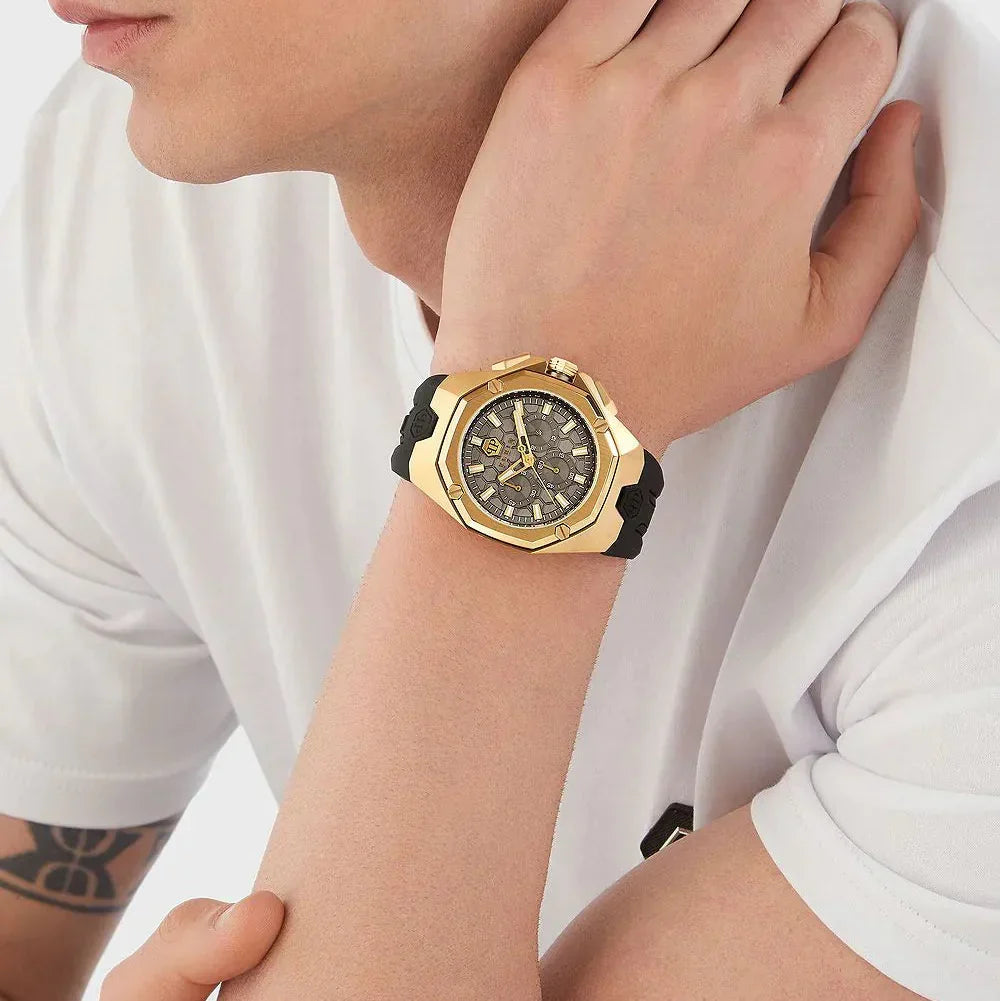 Philipp Plein Hyper Sport Chronograph Gold Dial Black Silicone Strap Watch for Men - PWTBA0423