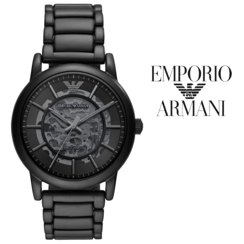  Shop Authentic Emporio Armani Meccanico Skeleton Black Dial Black Steel Strap Watch For Men - AR60045 - Luxxuri