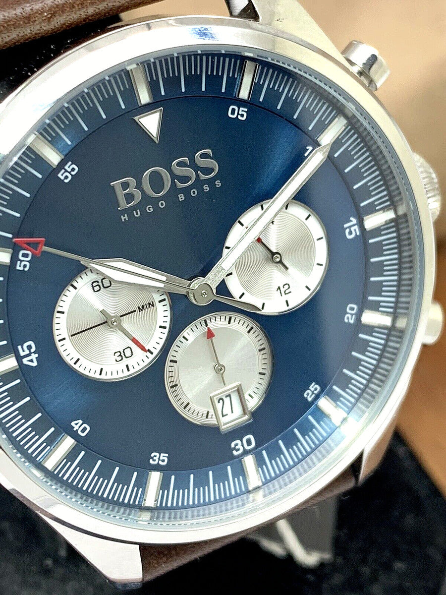  Shop Authentic Hugo Boss Pioneer Chronograph Blue Dial Brown Leather Strap Watch For Men - 1513709 - Luxxuri