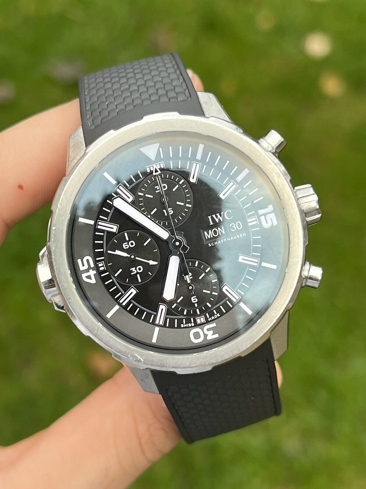  Shop Authentic IWC Aquatimer Chronograph Black Dial Black Leather Strap Watch for Men - IW376803 - Luxxuri