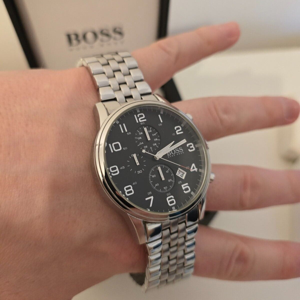  Shop Authentic Hugo Boss Aeroliner Chronograph Black Dial Silver Steel Strap Watch For Men - 1512446 - Luxxuri