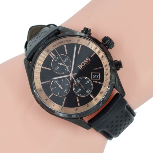  Shop Authentic Hugo Boss Grand Prix Chronograph Black Dial Black Leather Strap Watch for Men - 1513550 - Luxxuri