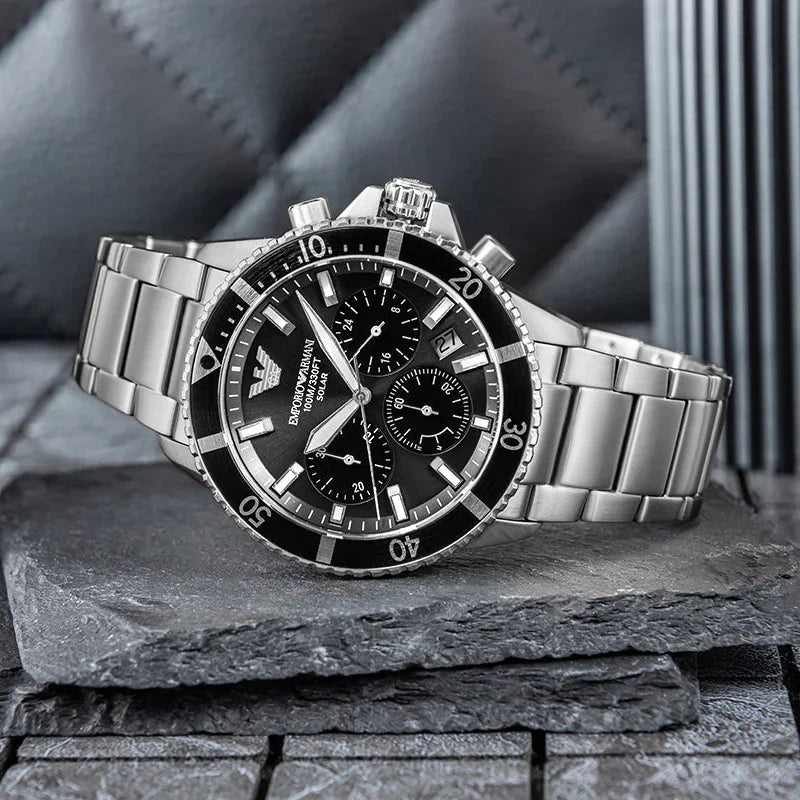 Emporio Armani World Explorer Black Dial Silver Steel Strap Watch for Men - AR11739