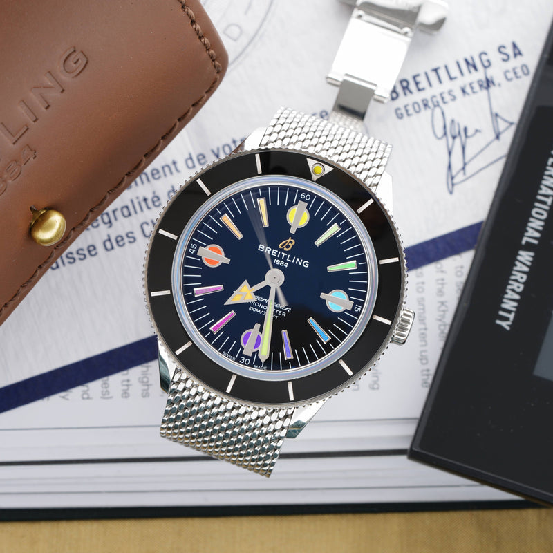 Breitling Superocean Heritage '57 Black Dial Silver Mesh Bracelet Watch for Men - A103701A1B1A1