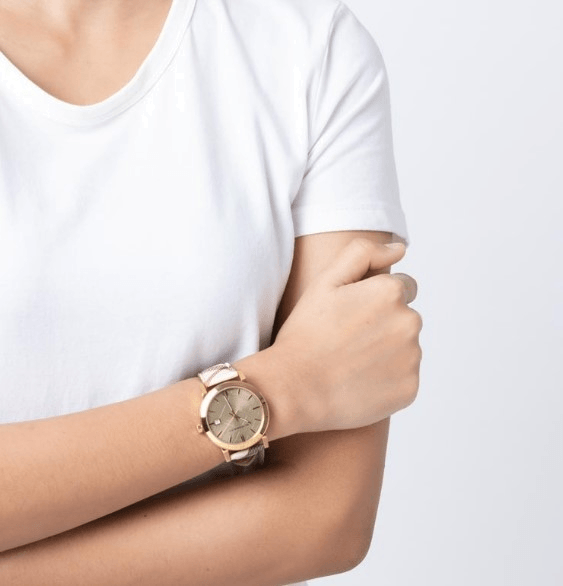  Shop Authentic Burberry The City Gold Dial Haymarket Brown Leather Strap Watch for Women - BU9026 - Luxxuri