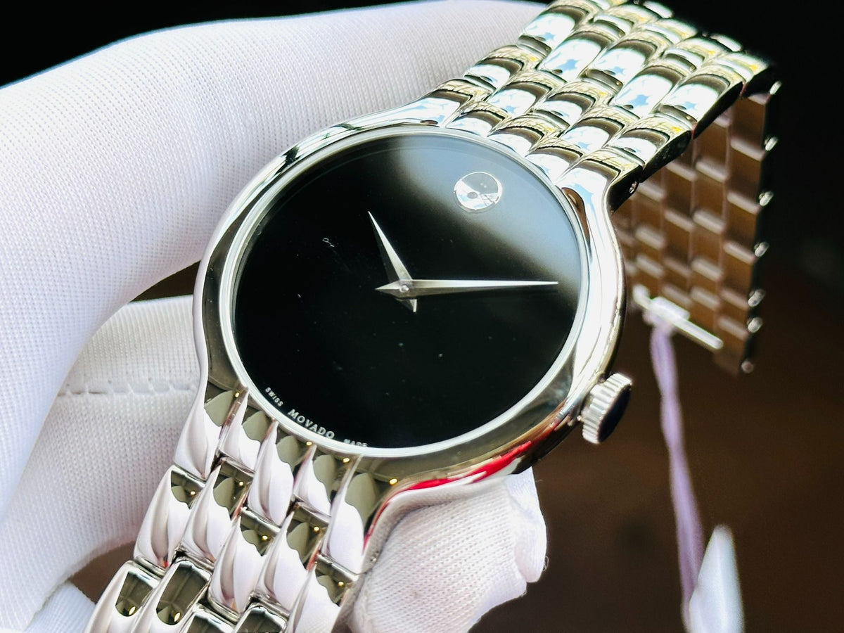  Shop Authentic Movado Classic Quartz Black Dial Silver Steel Strap Watch for Men - 0606337 - Luxxuri